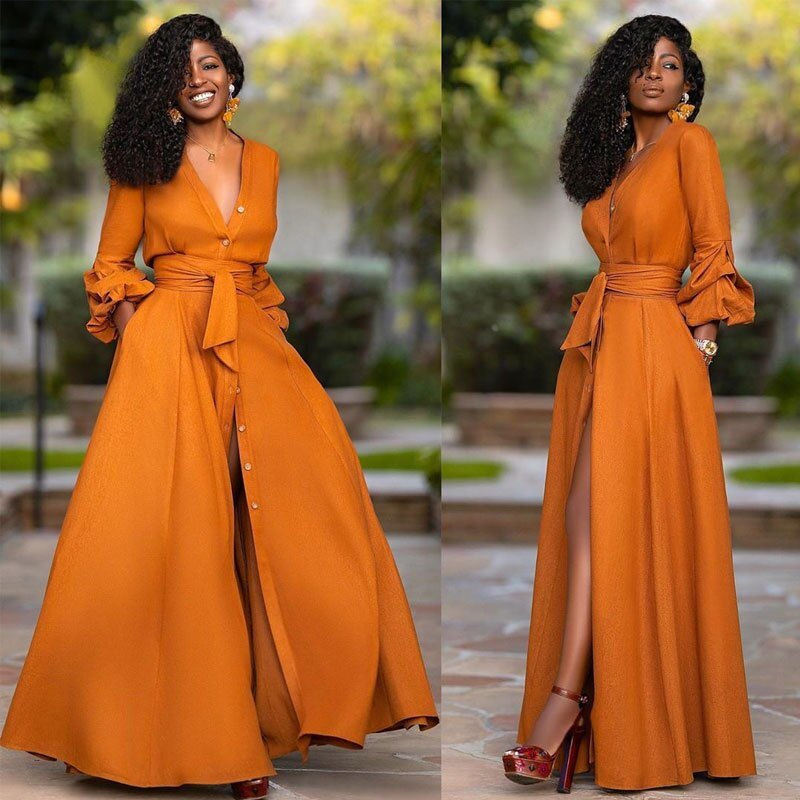 Miniatura: Elegant Split Maxi Dresses Women Autumn Deep V Neck Long Sleeve Party Dress Ladi