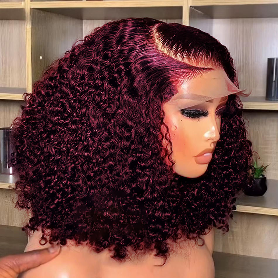 Burgundy 99J Deep Wave Short Bob Wigs 100% Human Hair Wig Water Curly Wig Baby H