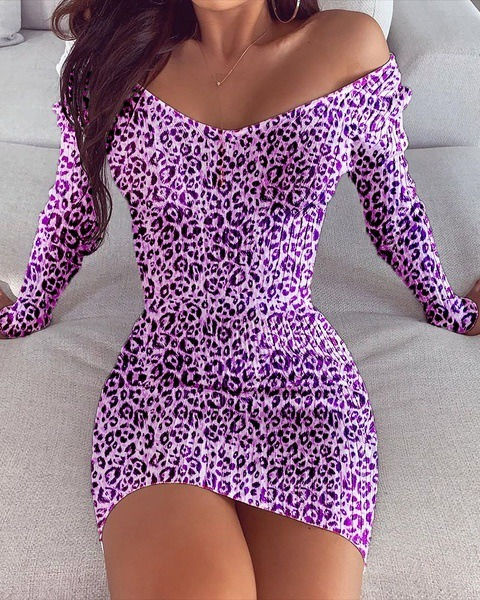Miniatura: Fall/Winter Women's Dress Leopard Print Over the Shoulder Slim Party Casual Dres