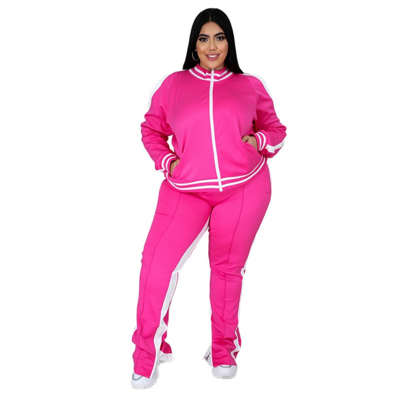 Thumbnail: Plus Size L-5XL Two Piece Set Women Sweatsuit Zip Striped Top Slit Sweatpants