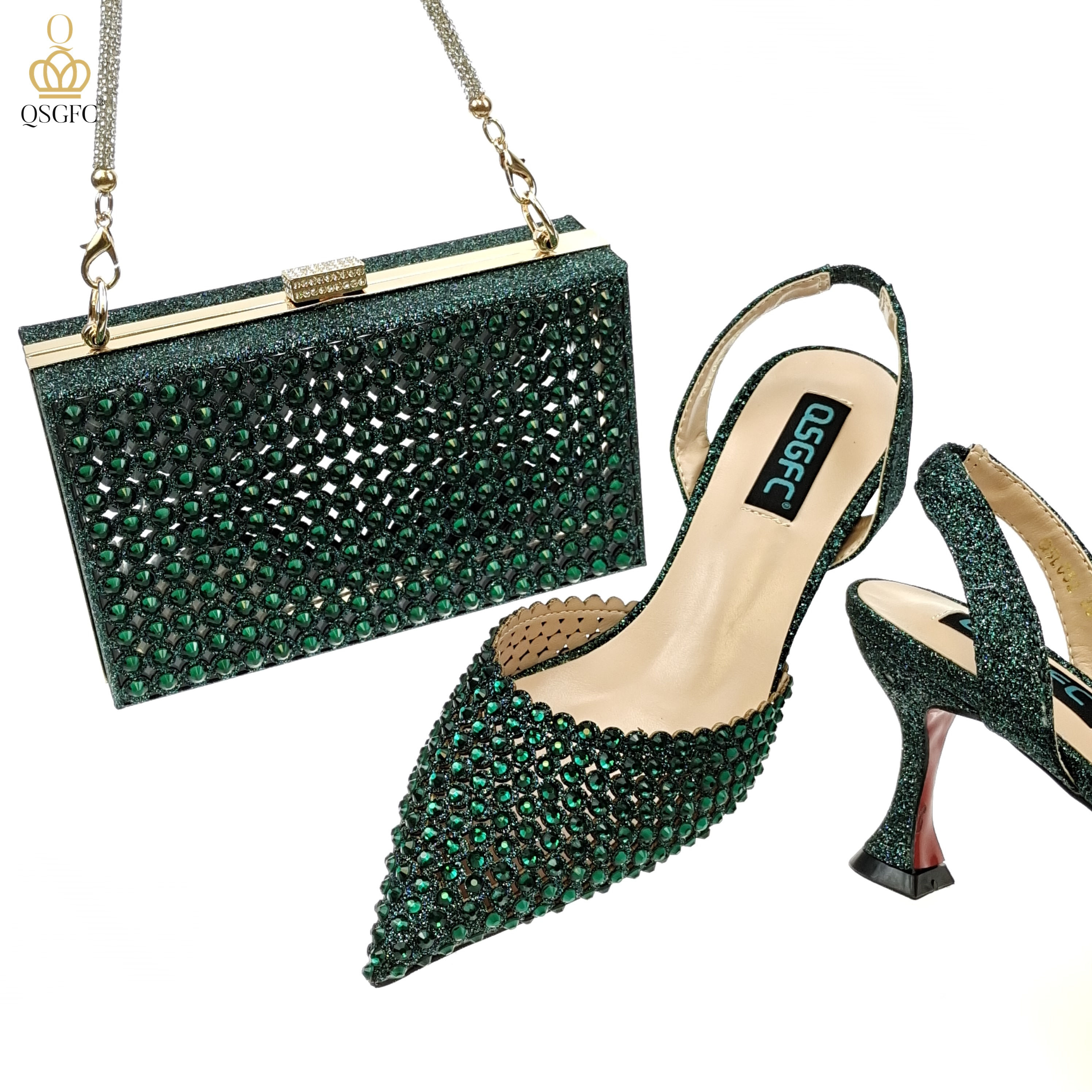 Italian Design Cutout Style with Sparkling Rhinestones Dark Green Women Set
