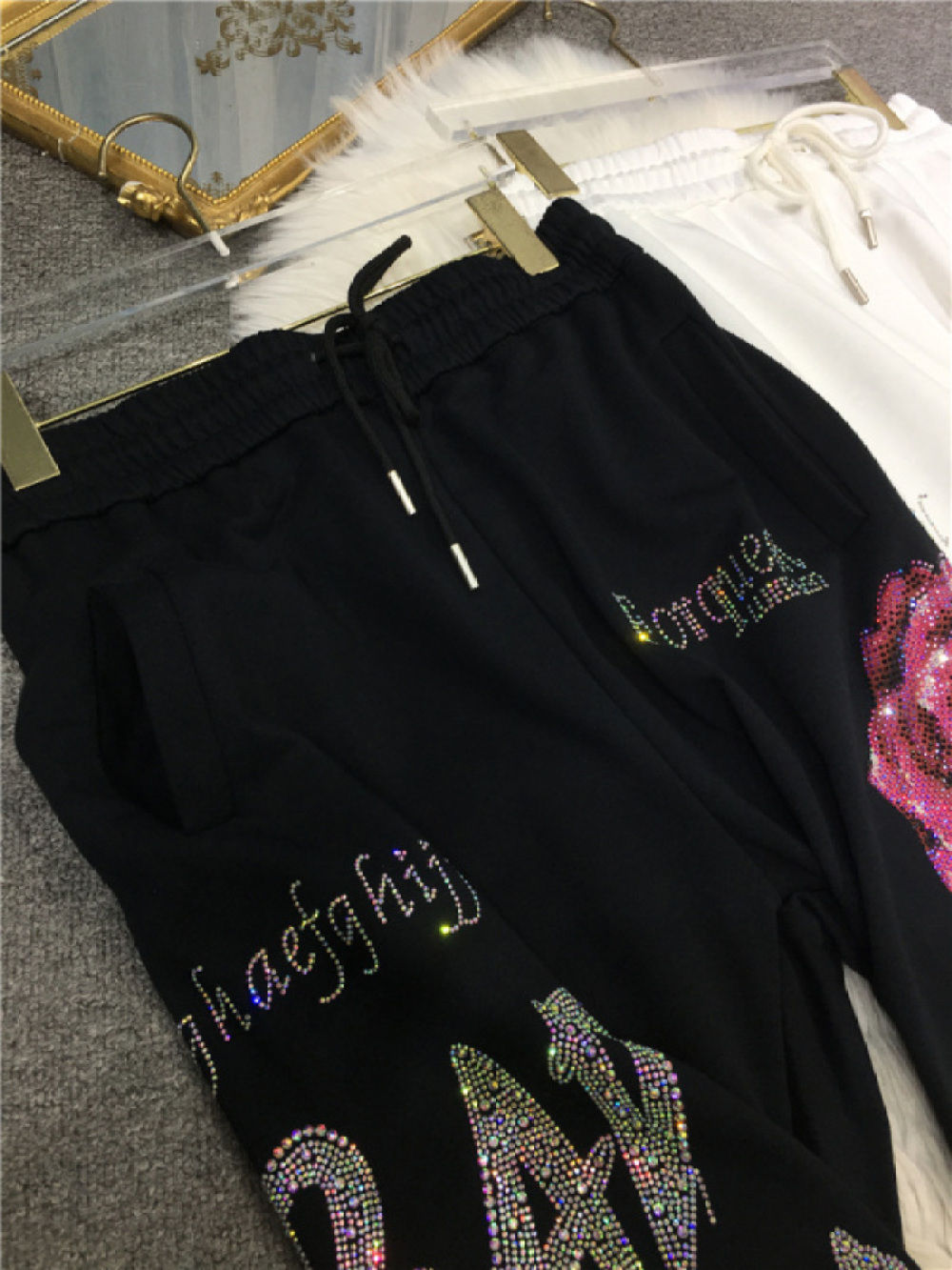 XL-4XL Plus Size 150kg Women's Pants Rhinestone Flower Big Size Sweatpants Casua
