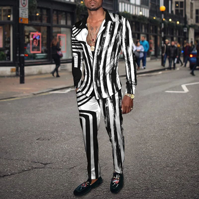 Miniature : Long Sleeve Shirt Set Men's Geometric 3D Printed Button-down Shirt And Pants Set
