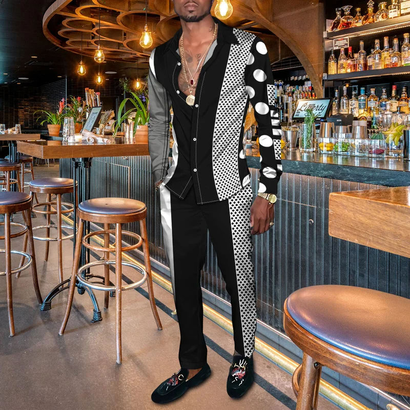 Miniature : Long Sleeve Shirt Set Men's Geometric 3D Printed Button-down Shirt And Pants Set