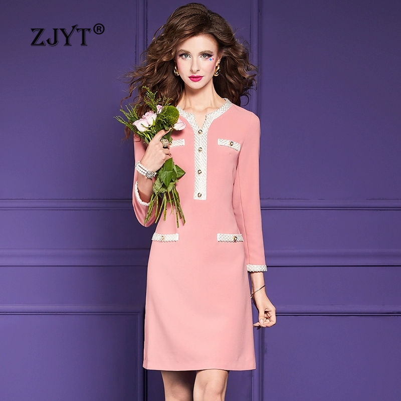 ZJYT Designer Women's Elegant Autumn Dresses Long Sleeve Color Block Beading Pin