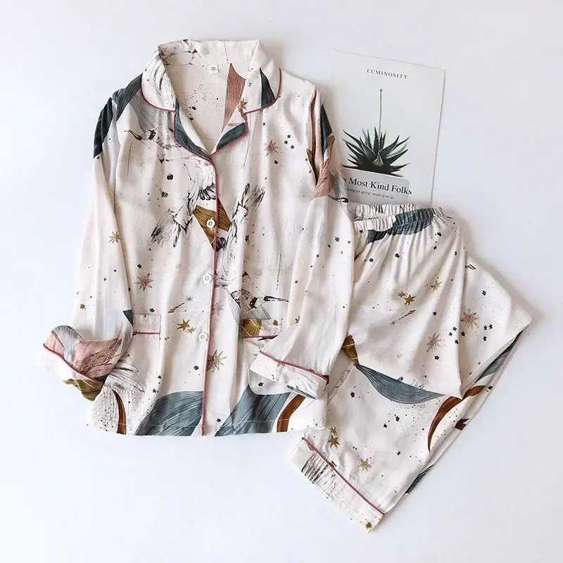 Spring / Summer New 100% viscose long-sleeved trousers ladies pajamas suit 3XL p