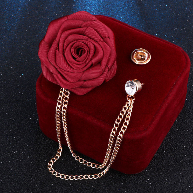 Miniature : Men's Wedding Ceremony Groom Brooch - Handmade Rose Chain Brooch - For Grooms - 