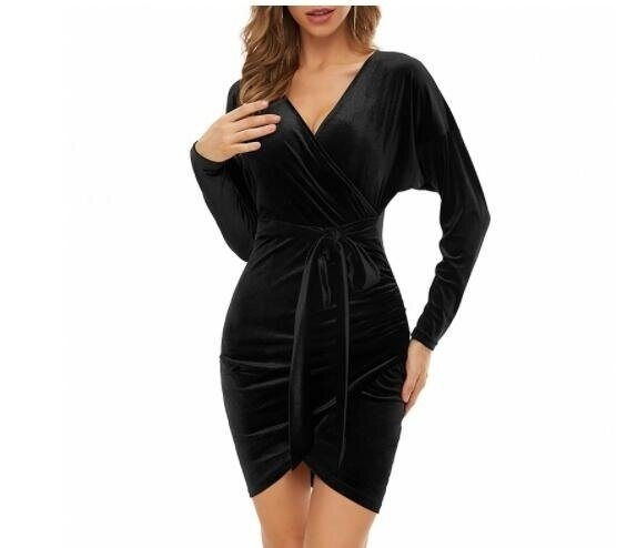Miniatura: Wrap Long Sleeve Velvet Bodycon Ruched Cocktail Party Dress