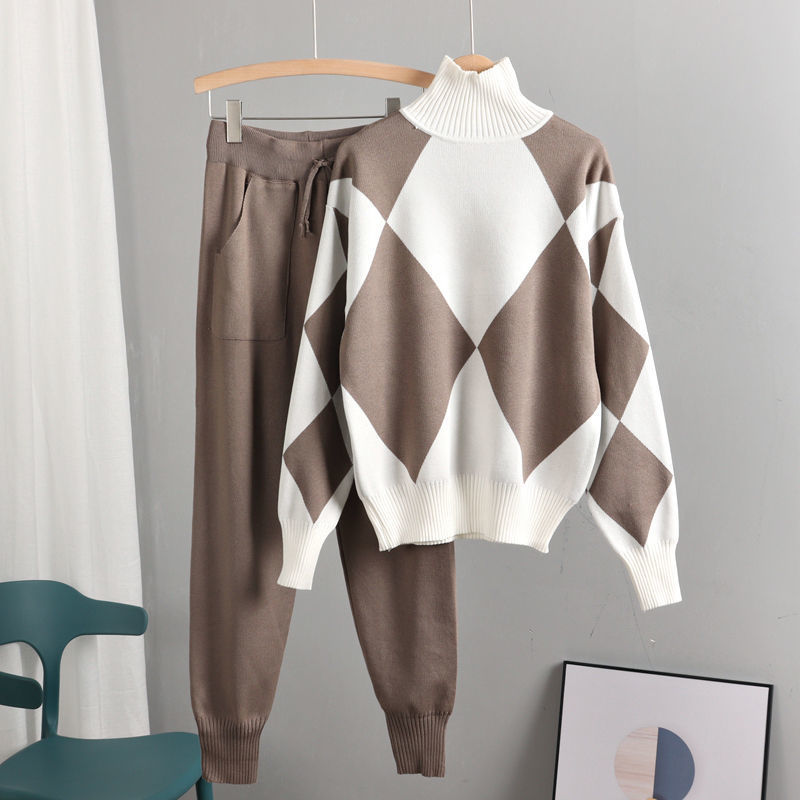 Geomatric Argyle Sweater Knit 2 Piece Sets Autumn Women Casual Loose Turtleneck