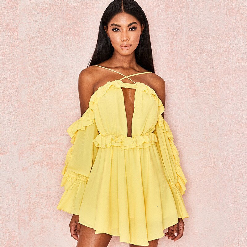 Thumbnail: Fuedage Summer Chiffon White Sexy Dress Women Spaghetti Strap V Neck Mini Dresse