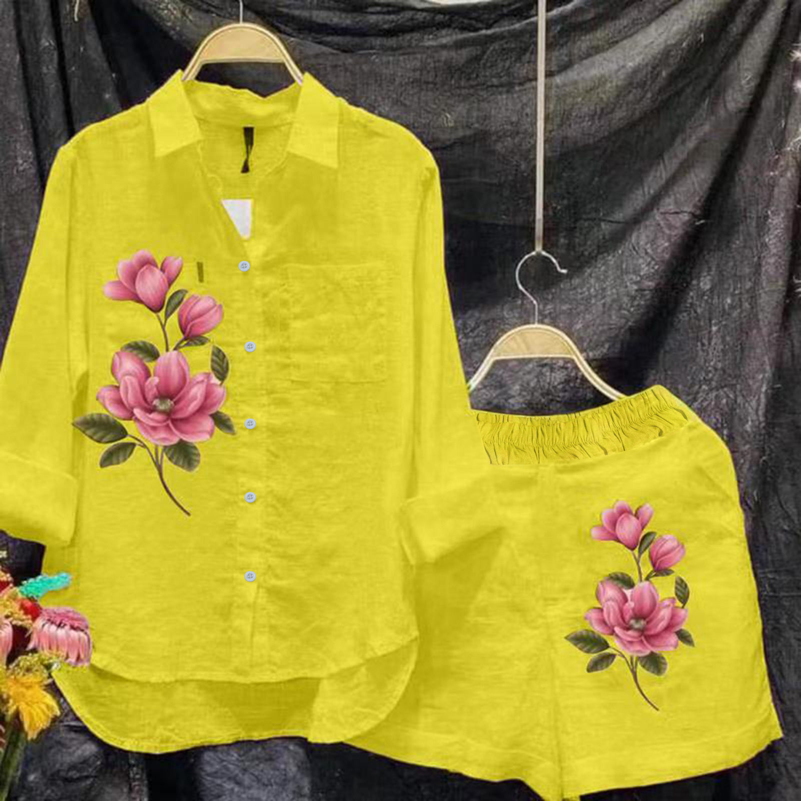 Print Women Spring Shorts Suits Holiday Long Sleeve Lapel Shirts And High Waist