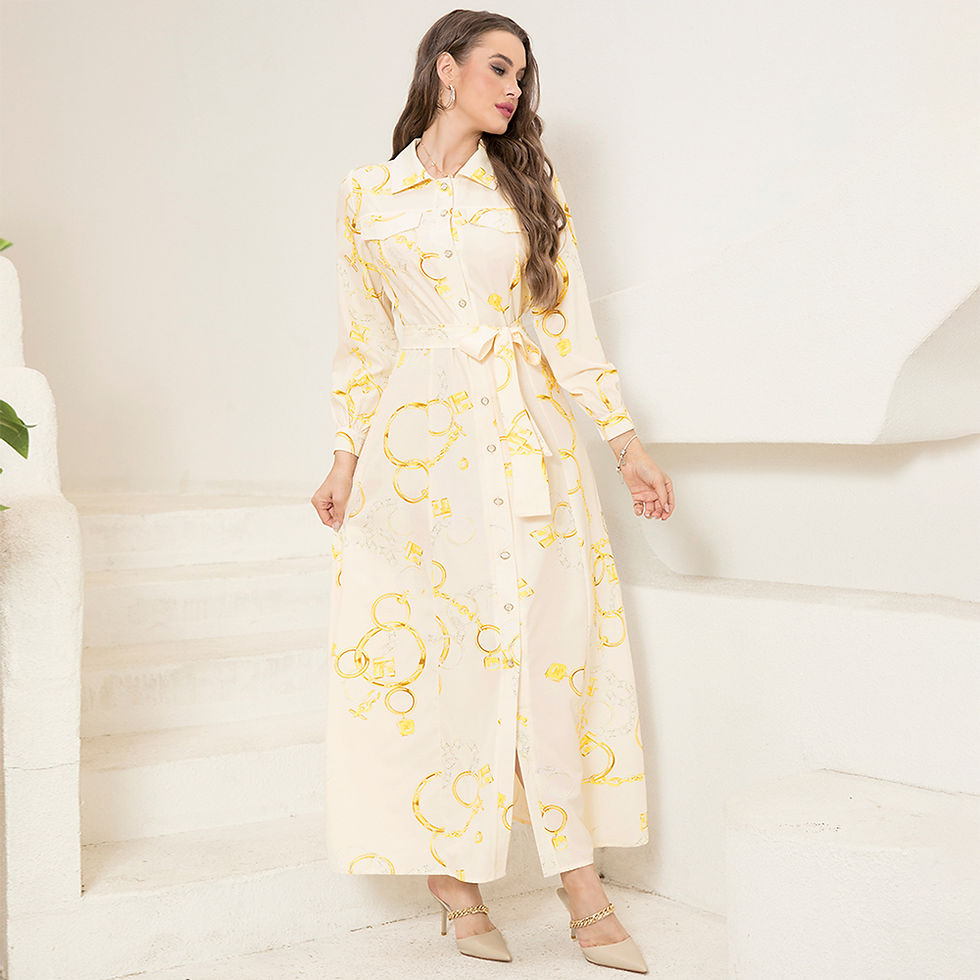 Elegant Long Shirt-Sleeve Dress with Chain Print Design, Belt & Pocket - Sophist