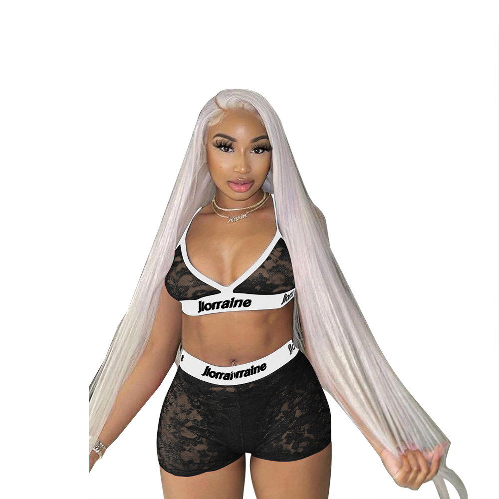 L285246-3 Plus Size Women Two Piece Lace Letter Printed Sexy Shorts Set