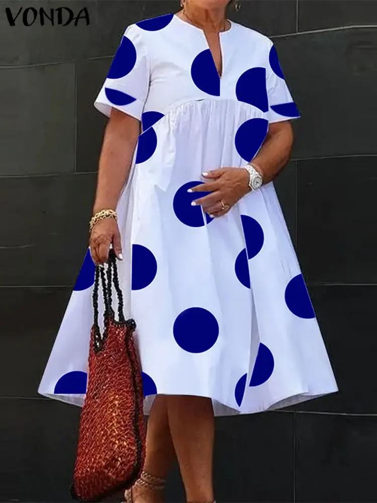 Miniatura: VONDA Plus Size 5XL Women Dress 2024 Summer Bohemian Polka Dot Maxi Long Dress V
