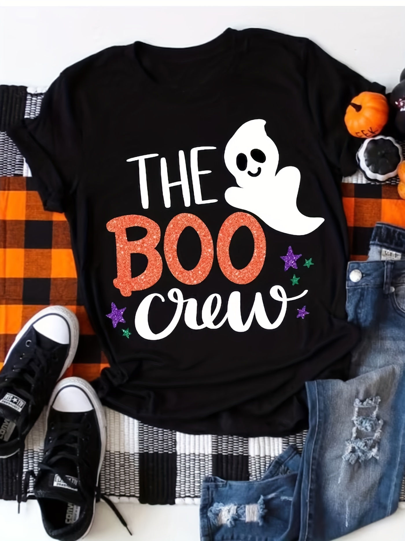 Spooky Ghost Print CrewNeck T-Shirt -Short Sleeve Casual Comfortable Relaxed Fit