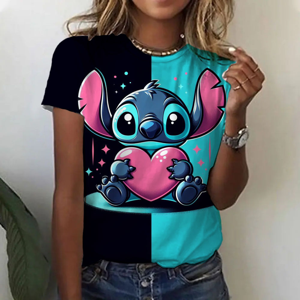 Kawaii Cartoon Happy Stitch Heart Kiss Women Tops 2024 Summer Plus Size S-3XL T-