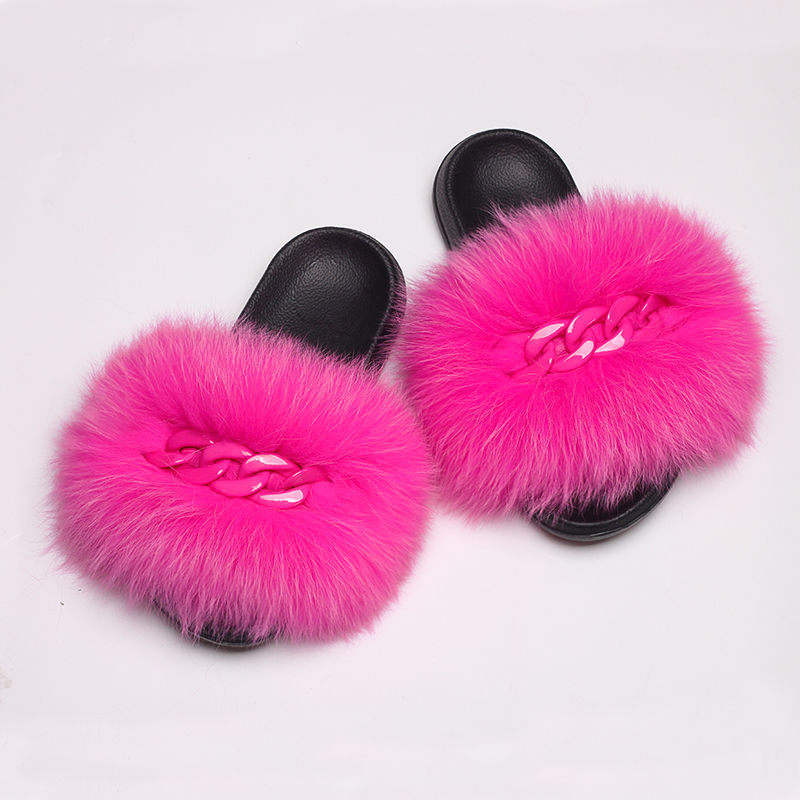Miniatura: Real Fox Fur Slippers Fluffy Flip Flops Shiny Chain Furry Fur Slides Plush House