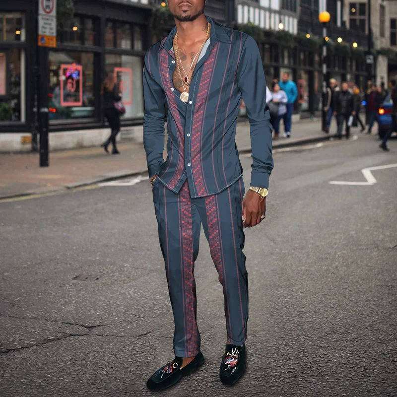 Miniature : Long Sleeve Shirt Set Men's Geometric 3D Printed Button-down Shirt And Pants Set