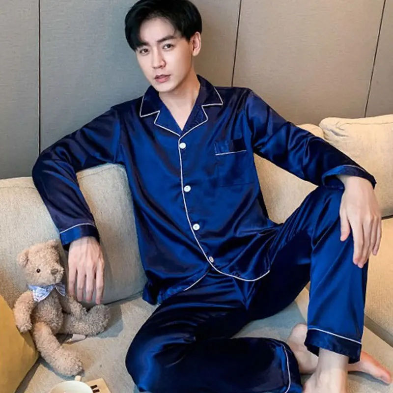 Thumbnail: Men's Short Sleeve Silk Sleepwear Two-Piece Set Korean Style Homewear Trousers S