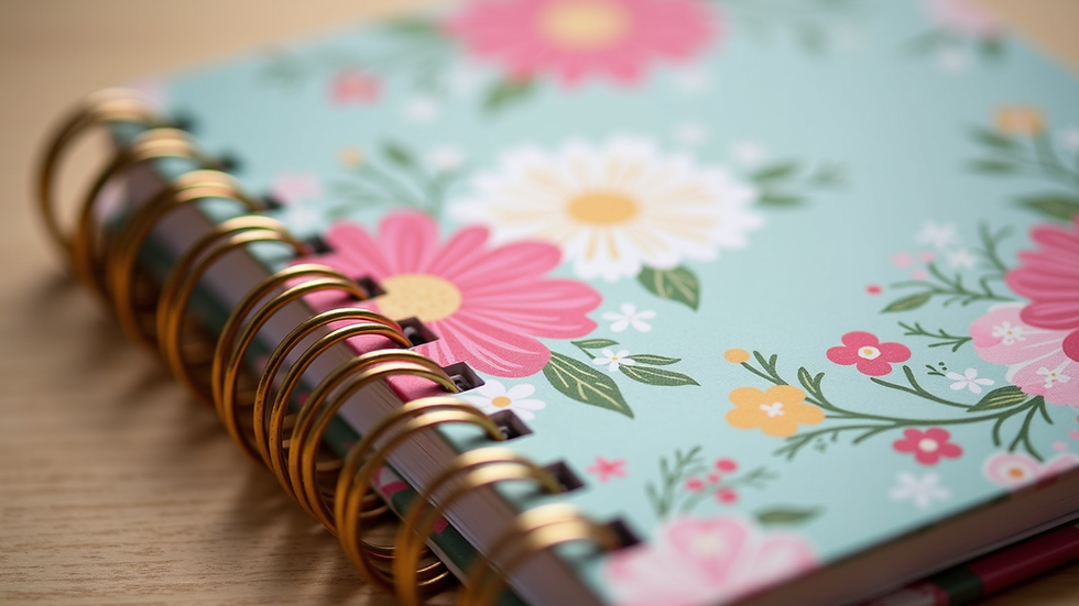 Close-up view of a colorful planner cover with floral design