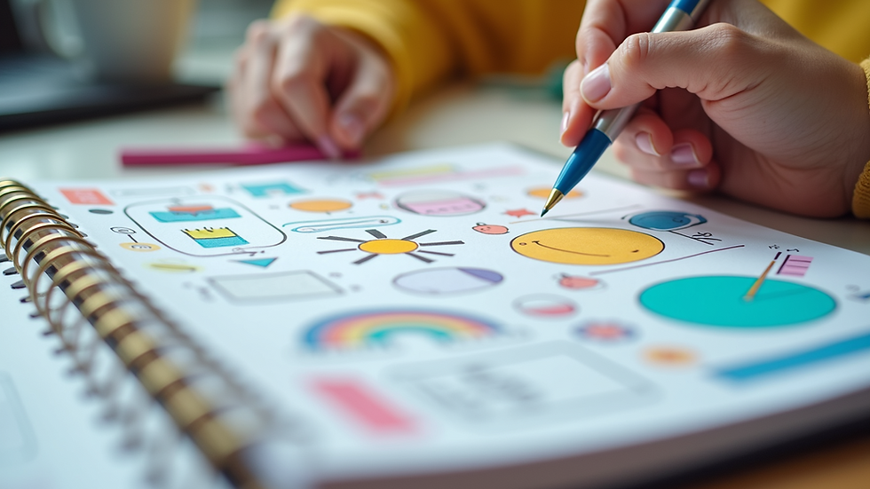 Eye-level view of a colorful planner filled with AI-generated clipart
