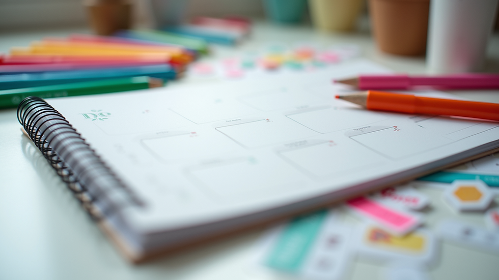 Eye-level view of a planner with colorful pens and stickers spread around