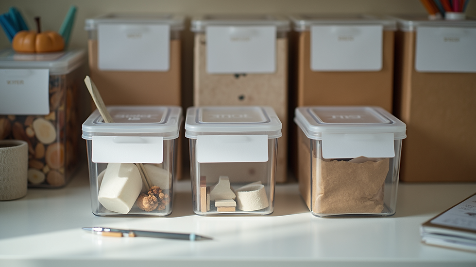 Eye-level view of a neatly organized planner supply station with labeled containers