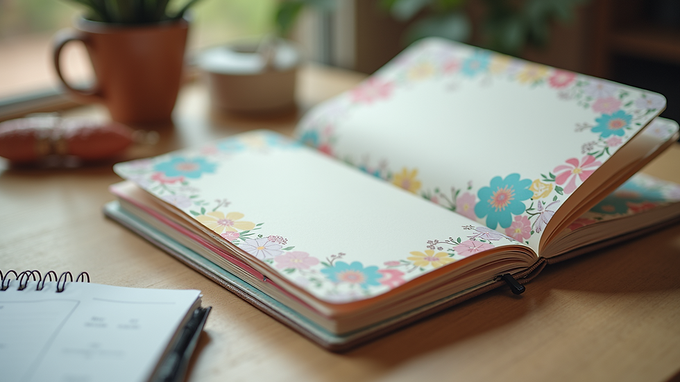Eye-level view of a colorful personalized planner cover with floral patterns