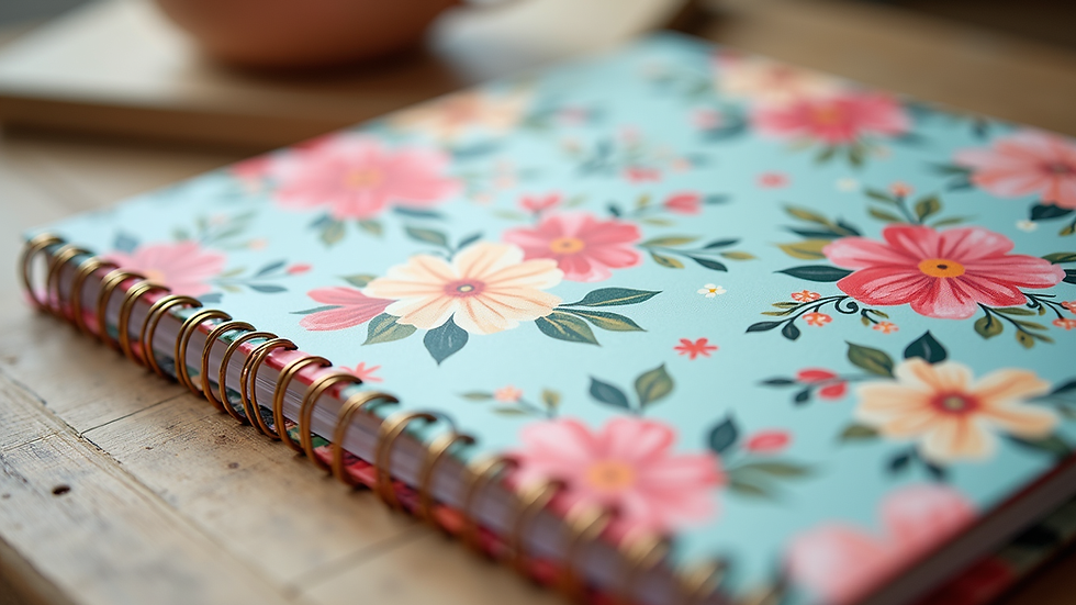 Close-up view of a vibrant planner cover with floral patterns