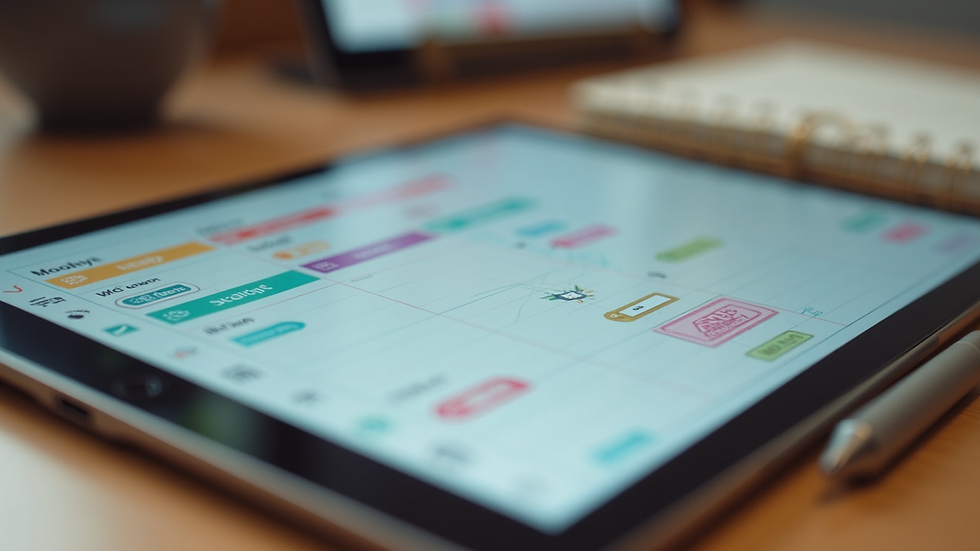 Eye-level view of a tablet screen displaying a colorful digital planner with stickers and hyperlinks