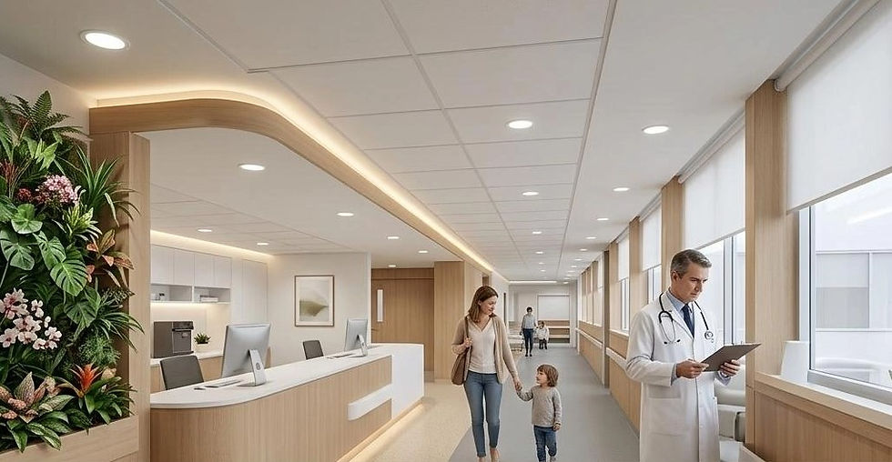 Modern hospital hallway with green wall, reception, doctor, and patients