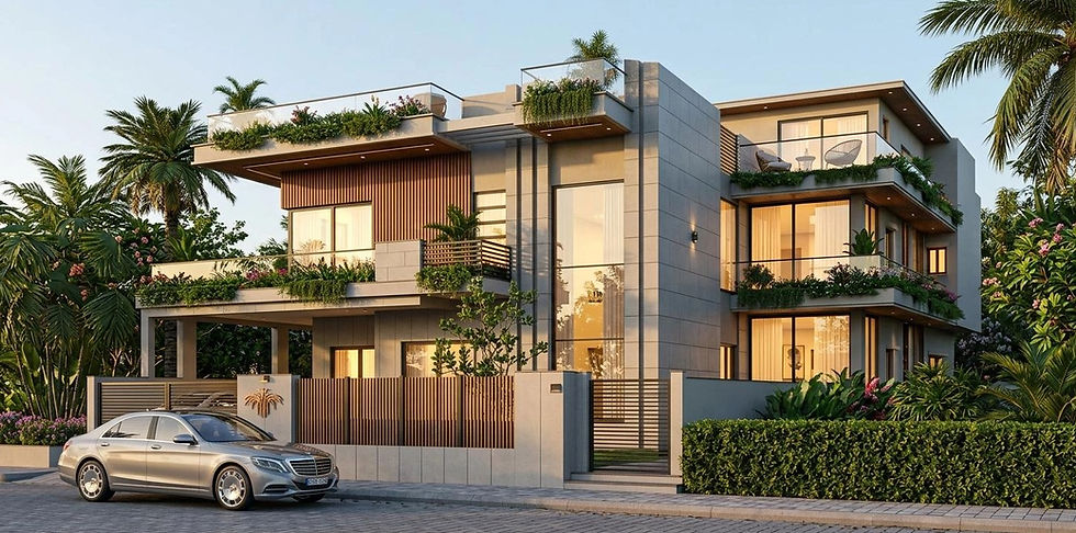 Modern house with balconies, lush plants, and a car