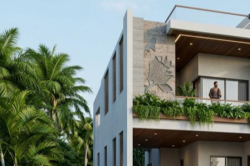 Modern building with person on balcony and palm trees