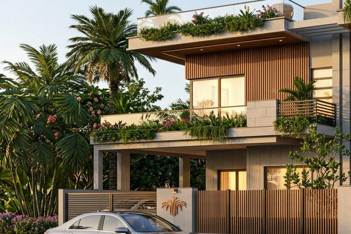 Modern multi-story house with lush green landscaping