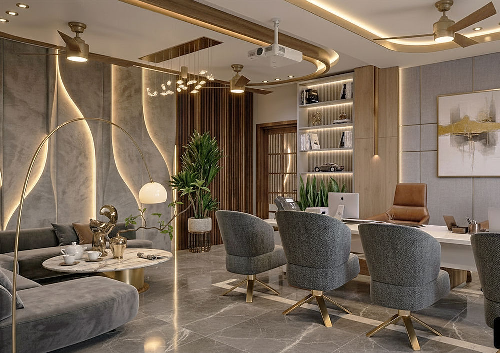 Luxurious office lounge with wavy wall decor, sofa, and desk