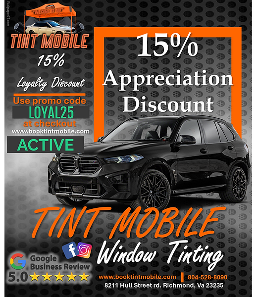 15% off all vehicle window tinting at Tint Mobile – ceramic and carbon options available. Limited time offer in Richmond, VA