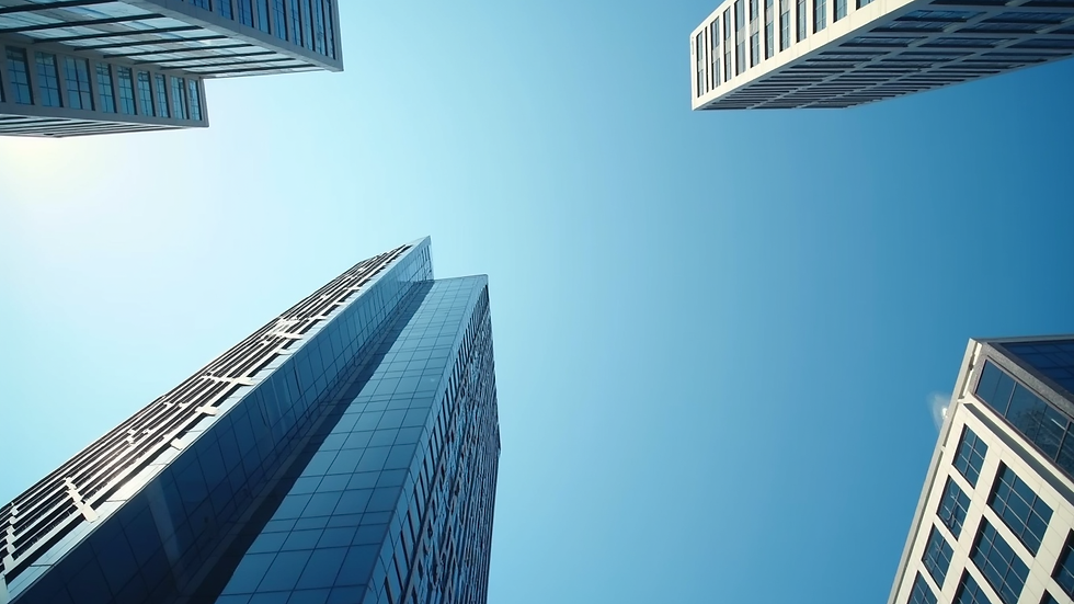 Eye-level view of a modern office building with clear blue sky