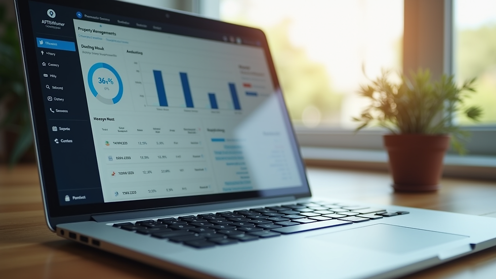 Close-up view of a laptop screen showing an online property management dashboard