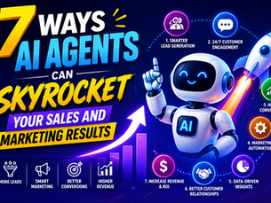 AI agents for sales and marketing infographic showing seven ways AI boosts lead generation, customer engagement, sales funnels, marketing automation, data-driven decisions, customer retention, and revenue growth.