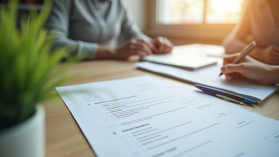 Close-up view of a therapist’s desk with assessment forms and a calming plant