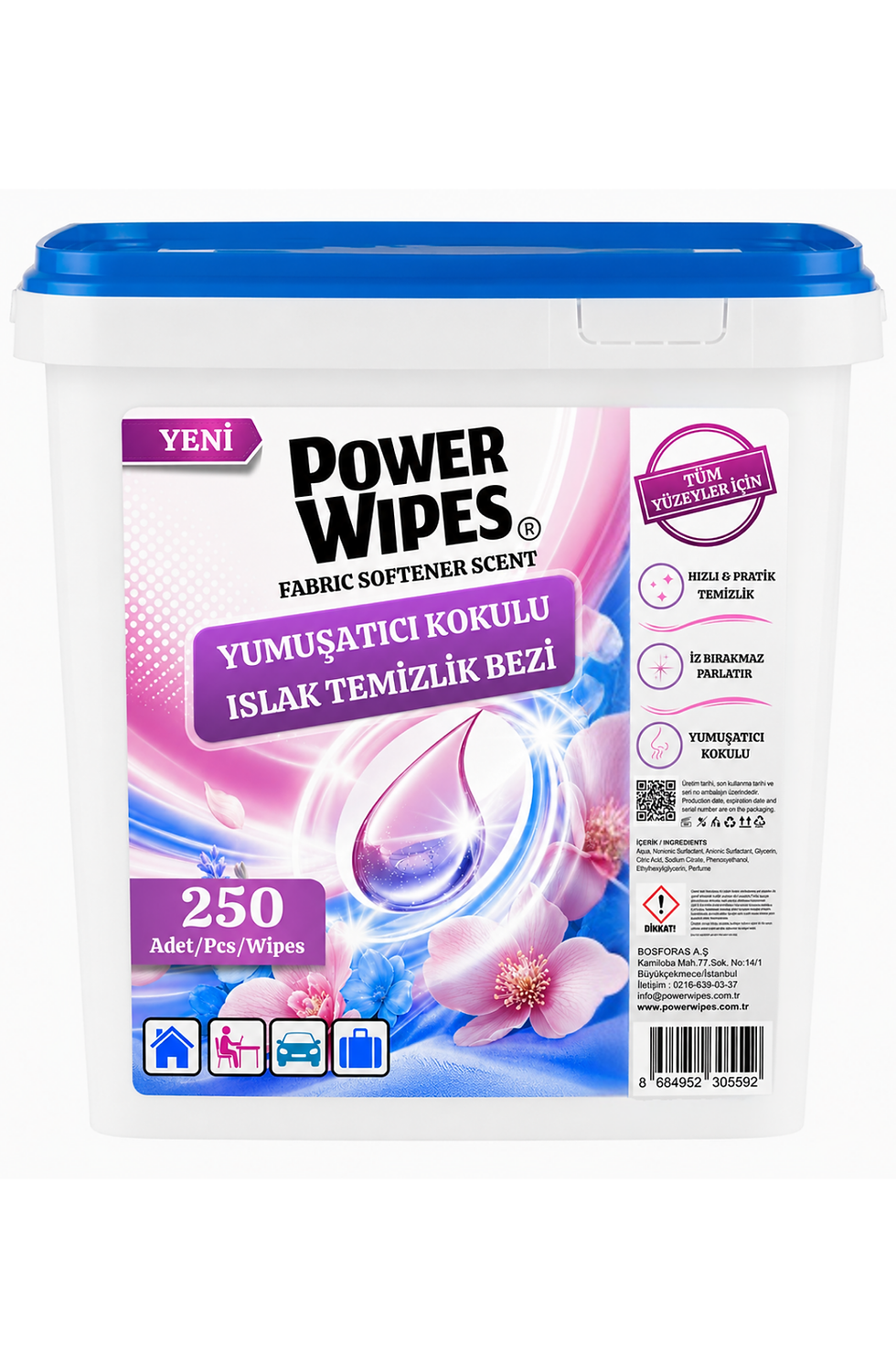 Thumbnail: Power Wipes Yumuşatıcı Kokulu Islak Kova Mendil 250 Adet Tüm Yüzeyler İçin