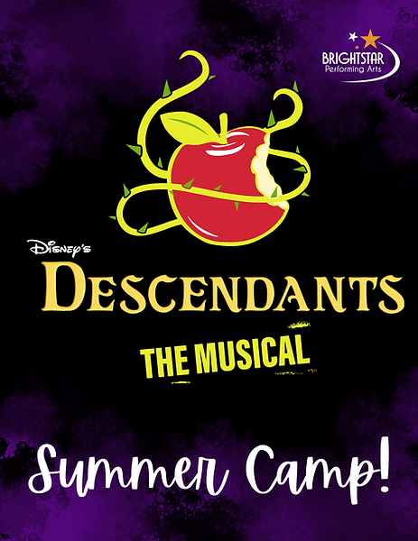 Promotional graphic for “Descendants The Musical Summer Camp.” The image features bold, themed lettering and a stylized logo of an apple wrapped in thorns, set against a dramatic, high-contrast background inspired by the show’s villain theme.