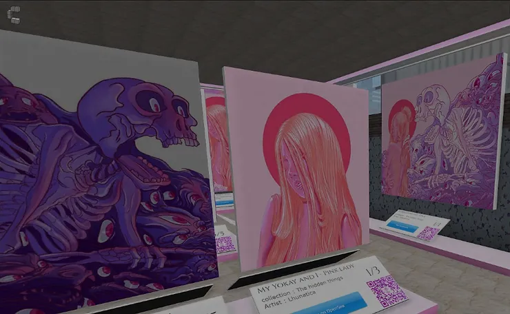 "Metaverse illustration symbolizing interconnected virtual worlds." "Cryptovoxels logo in a virtual environment." "Cryptovoxels platform showcasing virtual spaces." "Cryptovoxels: A voxel-based metaverse for creative exploration." "Lhunatica, the visionary artist behind 'The Hidden Things.'" "Portrait of Lhunatica, the celebrated digital artist." "Lhunatica's artistic persona captured in a digital canvas."Digital representation of Yōkai creatures in the metaverse." "Yōkai-themed virtual art installation in the metaverse." "Yōkai characters brought to life in a digital metaverse setting."