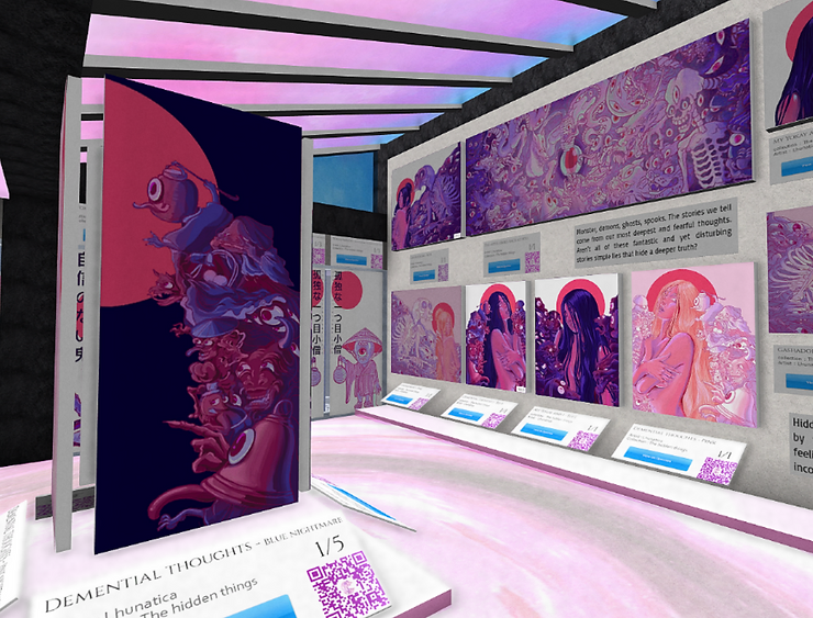 "Metaverse illustration symbolizing interconnected virtual worlds." "Cryptovoxels logo in a virtual environment." "Cryptovoxels platform showcasing virtual spaces." "Cryptovoxels: A voxel-based metaverse for creative exploration." "Lhunatica, the visionary artist behind 'The Hidden Things.'" "Portrait of Lhunatica, the celebrated digital artist." "Lhunatica's artistic persona captured in a digital canvas."Digital representation of Yōkai creatures in the metaverse." "Yōkai-themed virtual art installation in the metaverse." "Yōkai characters brought to life in a digital metaverse setting."