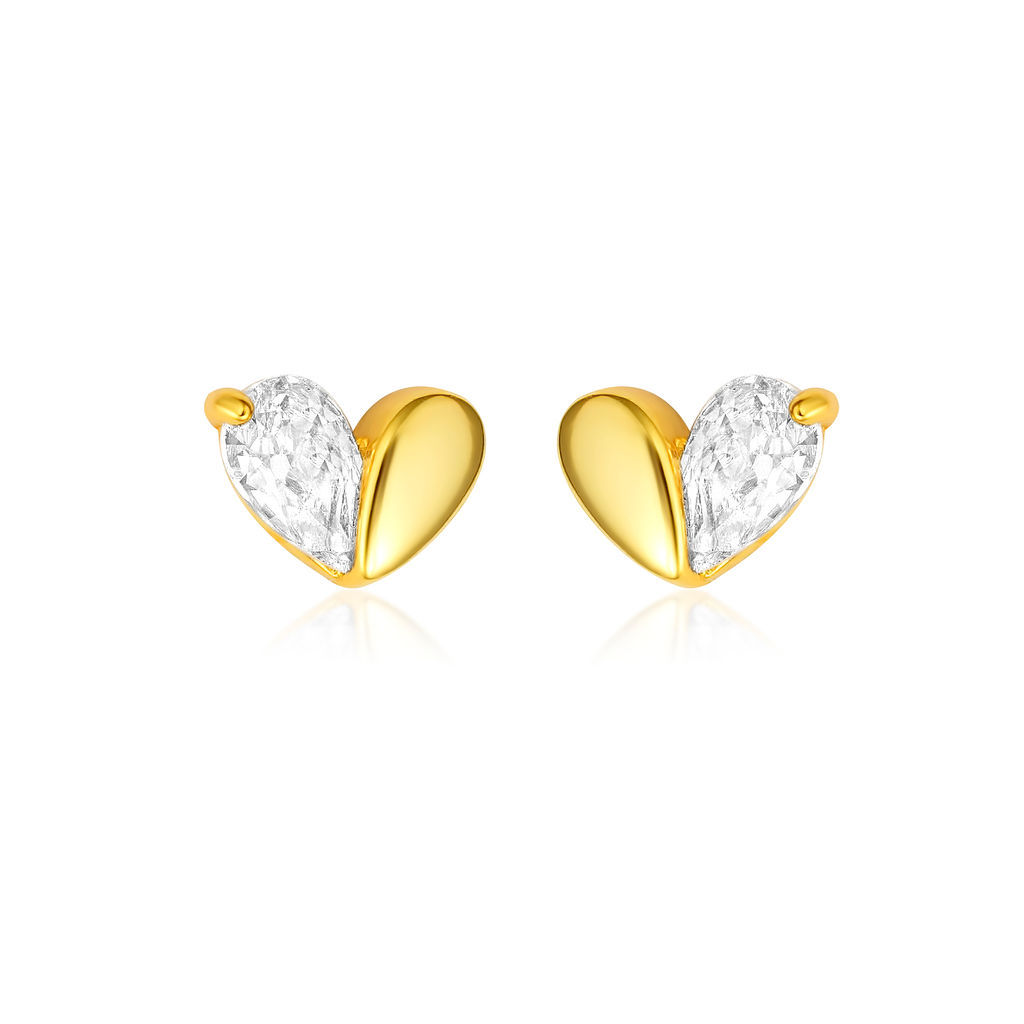 White cut out image heart stud earrings, half gold half zirconia crystal