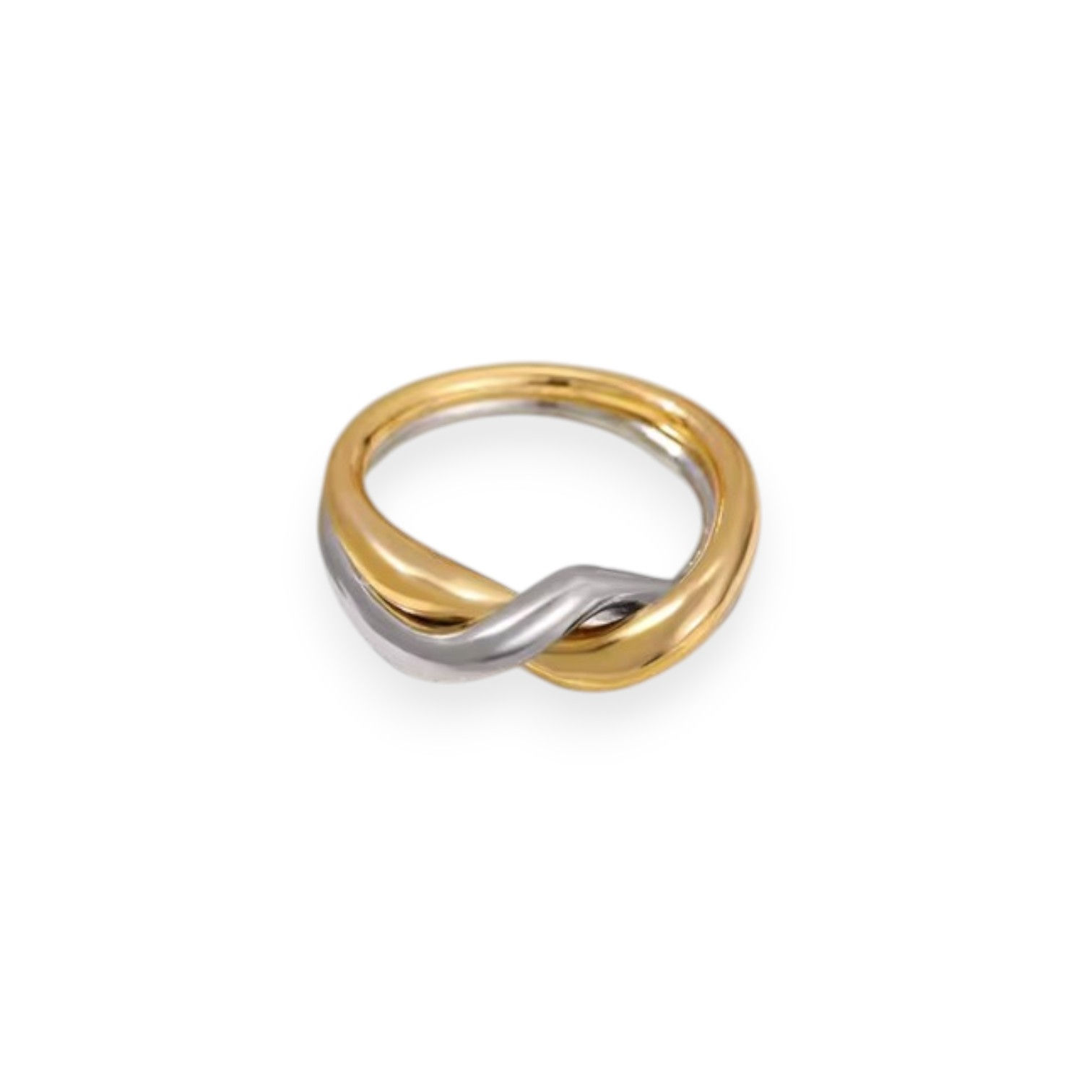 Linked twist ring on white background laying flat