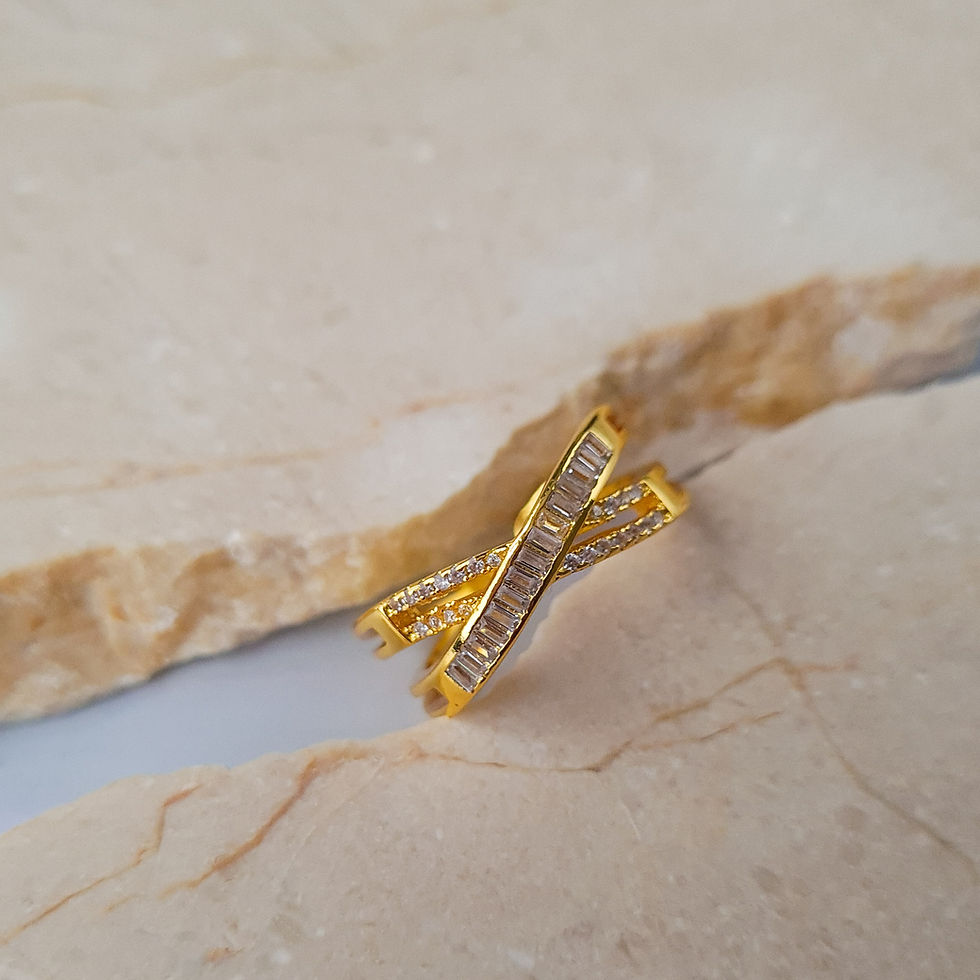 Thumbnail: Gold adjustable crossover ring on broken tiles
