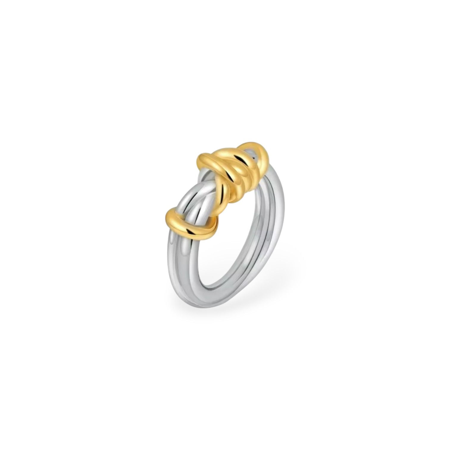 Silver and gold coil wrap ring on white background