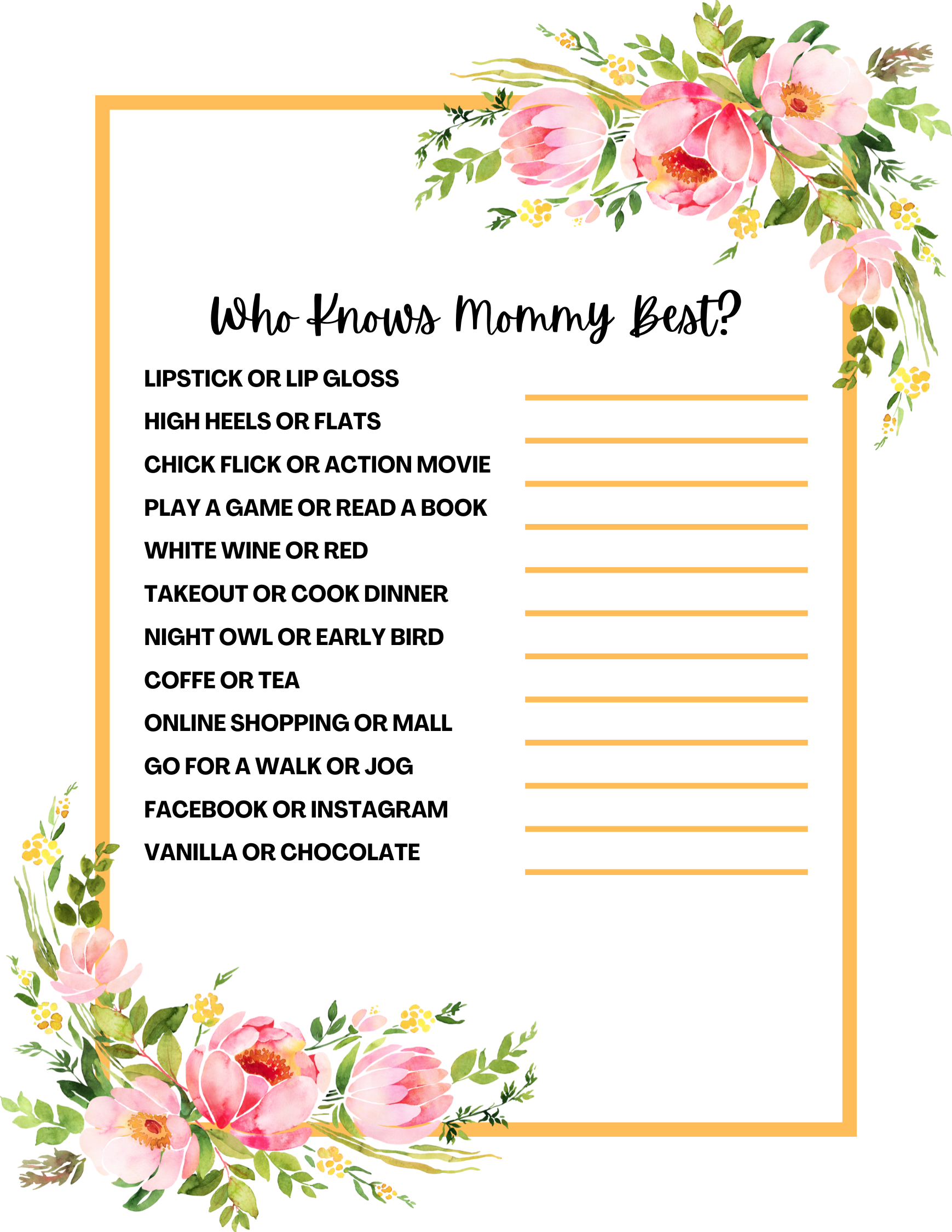 Baby Shower Game, Cute, Instant Download, Who Knows Mommy Best