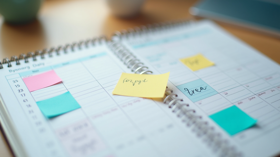 Close-up view of a calendar planner with colorful notes and reminders